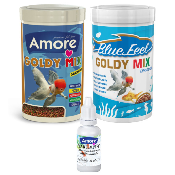 Japon Balığı Yem Seti Amore Goldy Mix 250ml, Bluefeel 250ml Kutu, Vitamin ürün görseli 1