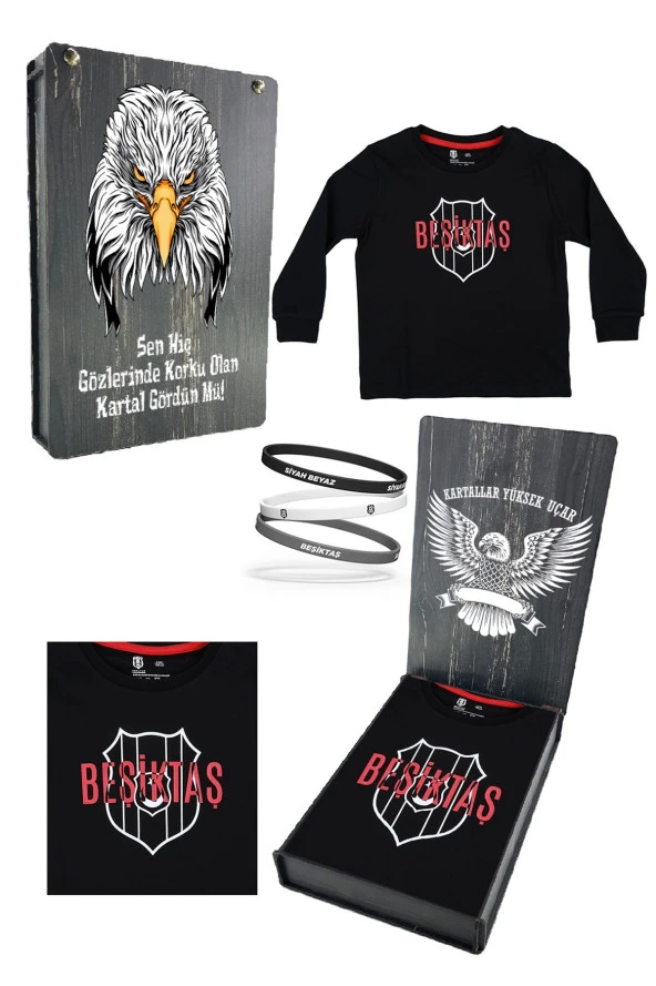 Beşiktaş Orijinal Lisanslı Siyah Çocuk Sweat + Bileklik Set Hediyelik Ahşap Kutulu ürün görseli 1
