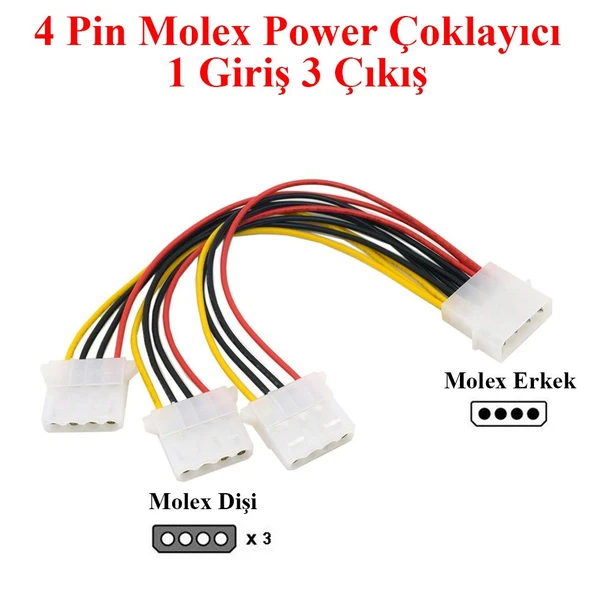 3LÜ POWER ÇOKLAYICI KASA İÇİ 4 PİN MOLEX 1 ERKEK 3 DİŞİ POWER KABLO ürün görseli 1