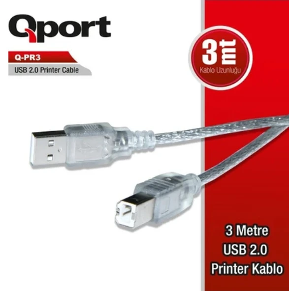 QPORT Q-PR3 USB 2.0 3 Metre Yazıcı Kablo 3m Yazıcı Kablo Printer Kablosu ürün görseli 1
