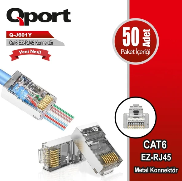 QPORT Q-J601Y CAT6 50 LİK PAKET EZ-RJ45 JACK METAL RJ45 YENİ NESİL KONNEKTÖR ürün görseli 1