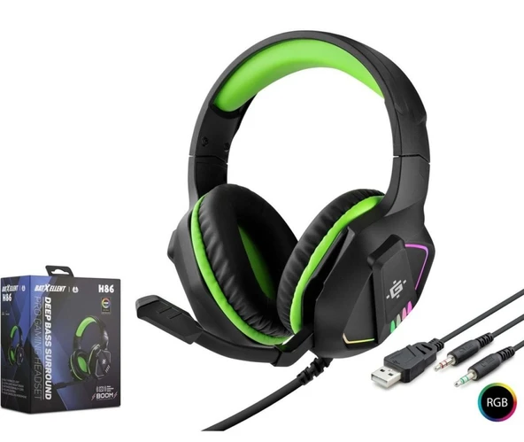 Hadron H86 RGB Ledli Mikrofonlu Gaming Kulaklık 2x3.5mm AUX 2mt Kablolu Kulaküstü Oyuncu Kulaklığı - Siyah-Yeşil ürün görseli 1