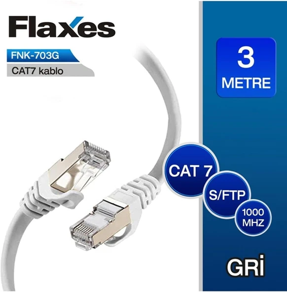 Flaxes FNK-703G 3 Metre Cat7 Kablo S/ftp Patch Kablosu, Gri 3m Cat7 Kablo ürün görseli 1