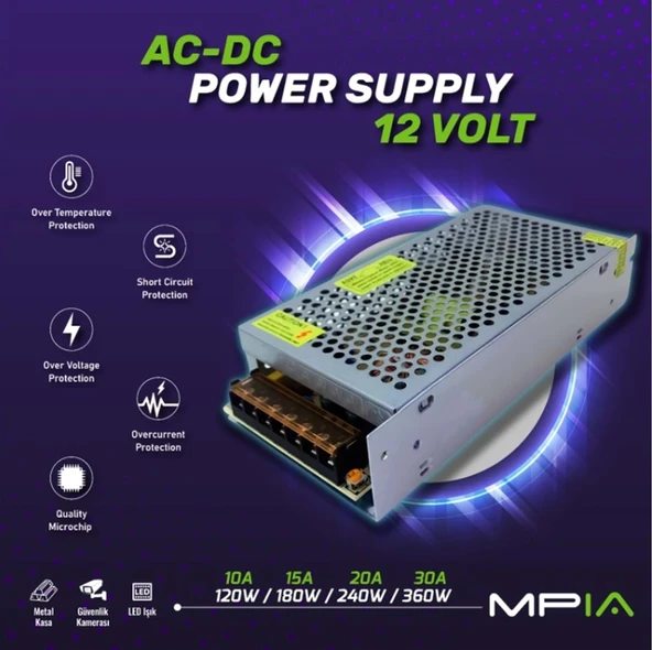 Mpia PS-15 12V 15A Adaptör 12 Volt 15 Amper Metal Kasa Adaptör Güvenlik Led Adaptör ürün görseli 1