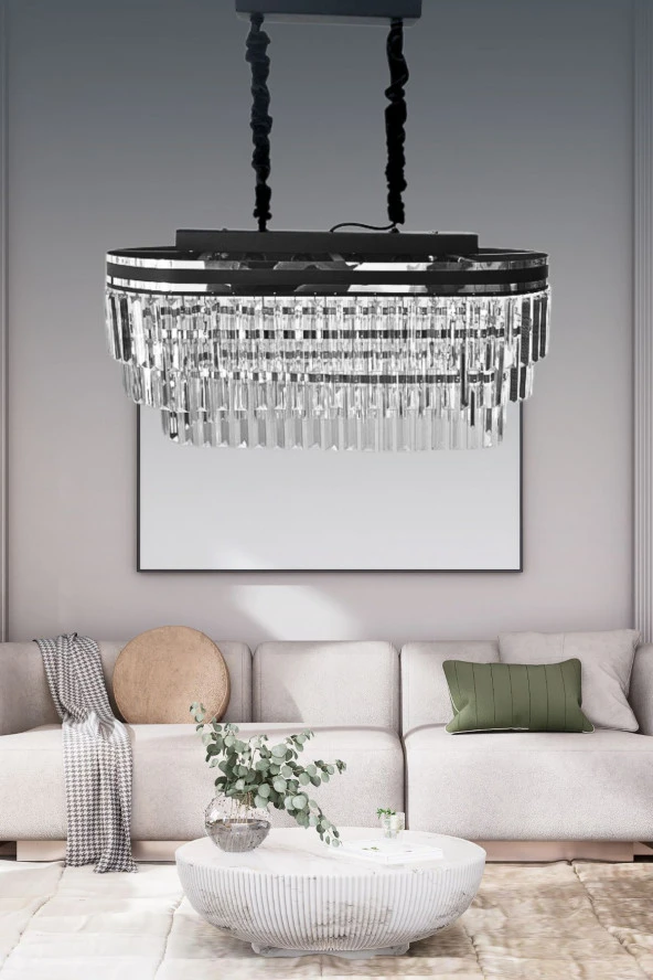 Birsen Aydınlatma Kristalim Gümüş Detaylı 70x30 Cm'Lik Kristal Taşlı Lüks Avize - Yatak Odası - Salon - Mutfak ürün görseli 1