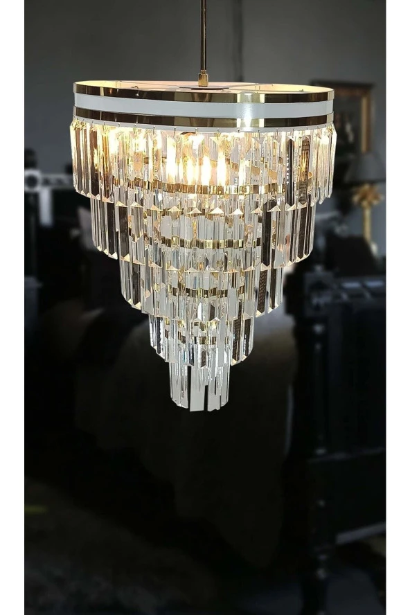 MATMAZEL AKSESUAR AVİZADE MATMAZEL AKSESUAR  ŞERİTLİ BEYAZ GOLD 40 CM LİK KRİSTAL TAŞLI LÜKS AVİZE ürün görseli 1