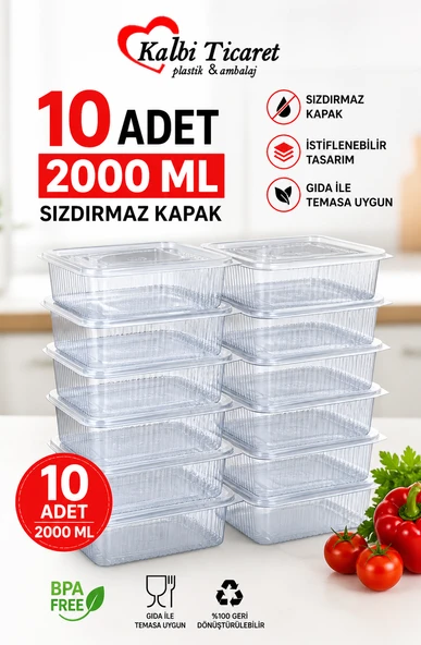 Plastik Saklama Kabı 2000 gr 10 Adet Plastik Kapaklı Kase Sızdırmaz Kap Şeffaf Kullan At Kase ürün görseli 1