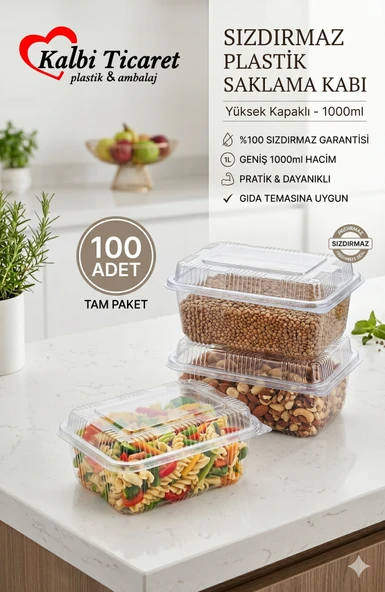 Plastik Kurabiye Kabı 1000 gr 100'lü Plastik Yüksek Kapaklı Kase Saklama Kabı Şeffaf Sızdırmaz Kap ürün görseli 1