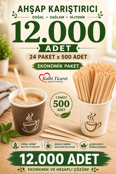 Ahşap Karıştırıcı Tahta Kaşık 500'lü X 24 Paket(1 Koli) Çay Kahve Karıştırıcı ürün görseli 1