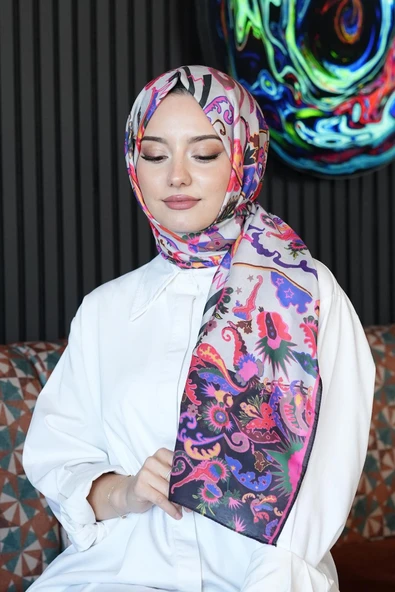Çiçek Desen Krem Soft Pamuk Şal - Resim 3