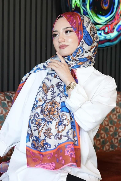 Çiçek Desen Turuncu Soft Pamuk Şal - Resim 5