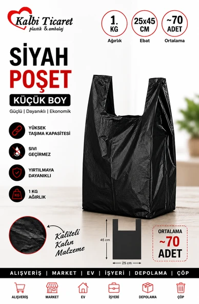 Kalın Siyah Poşet Küçük Boy 1 Kg Hışır Atlet Poşet Market Manav Poşeti Çöp Poşeti ürün görseli 1