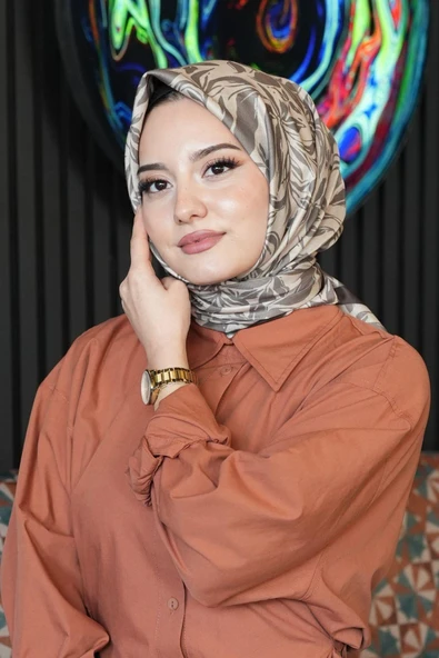 Floral Desen Bej Soft Pamuk Eşarp - Resim 2