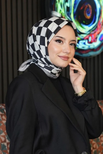 Kareli Desen Siyah - Beyaz Soft Pamuk Eşarp ürün görseli 1