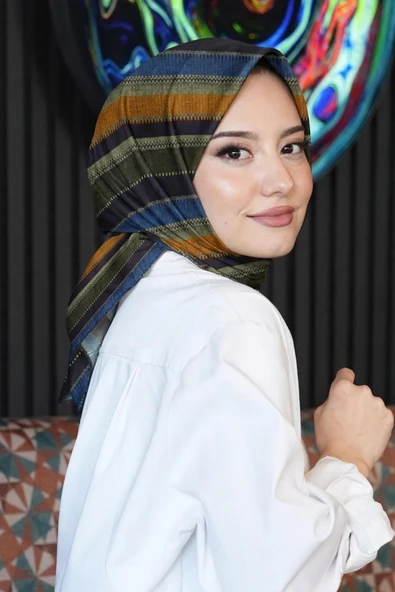 Çizgili Desen Kahverengi Soft Pamuk Eşarp ürün görseli 1