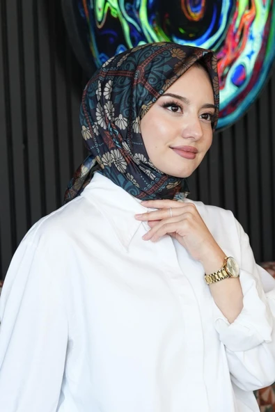 Çiçek Desen Turkuaz Soft Pamuk Eşarp ürün görseli 1