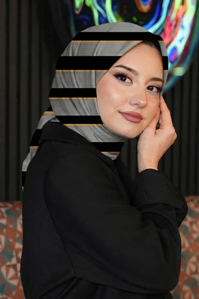 Çizgili Desen Gri Soft Pamuk Eşarp ürün görseli 1