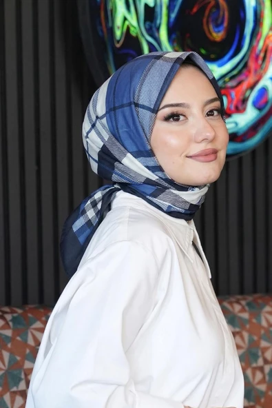 Kare-Çizgili Desen Mavi Soft Pamuk Eşarp ürün görseli 1