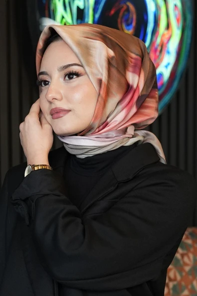 Abstrakt Desen Pembe Soft Pamuk Eşarp - Resim 3