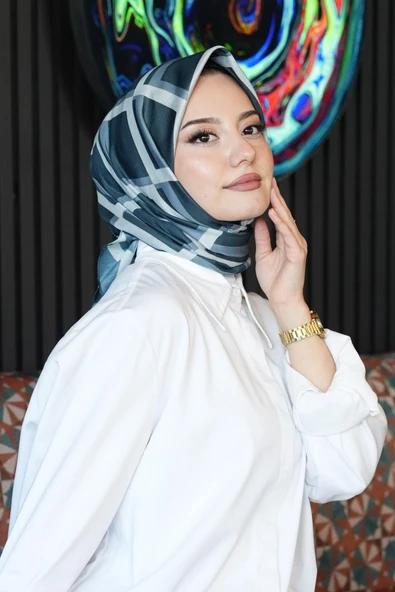 Geometrik Desen Mavi Soft Pamuk Eşarp - Resim 2