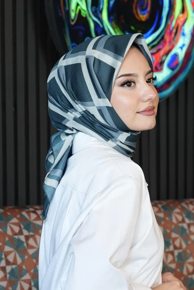 Geometrik Desen Mavi Soft Pamuk Eşarp ürün görseli 1