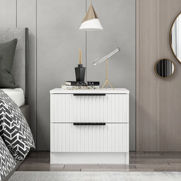 Minar D1007-Kale Plus Komodin 2Çek Beyaz Mebran Çizgili ürün görseli 1