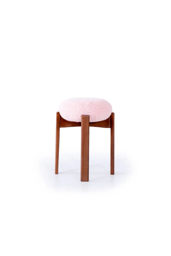 TurkishTouch Puf Pembe Teddy Kumaş Ceviz Renkli Ahşap Ayaklı Dekoratif Modern Oturma Odası Makyaj Masası Mutfak ürün görseli 1