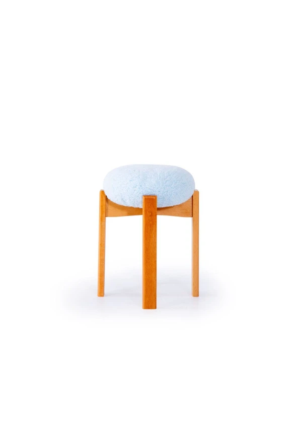 TurkishTouch Puf Mavi Teddy Kumaş Ahşap Ayaklı Dekoratif Modern Oturma Odası Makyaj Masası Mutfak Balkon Ofis ürün görseli 1