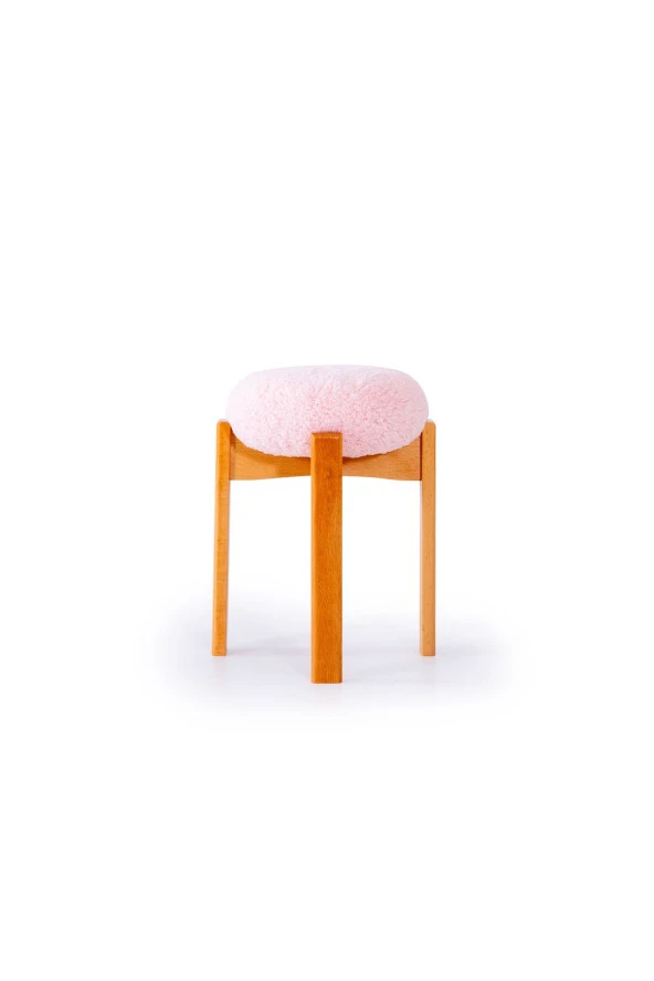 TurkishTouch Puf Pembe Teddy Kumaş Ahşap Ayaklı Dekoratif Modern Oturma Odası Makyaj Masası Mutfak Balkon Ofis ürün görseli 1