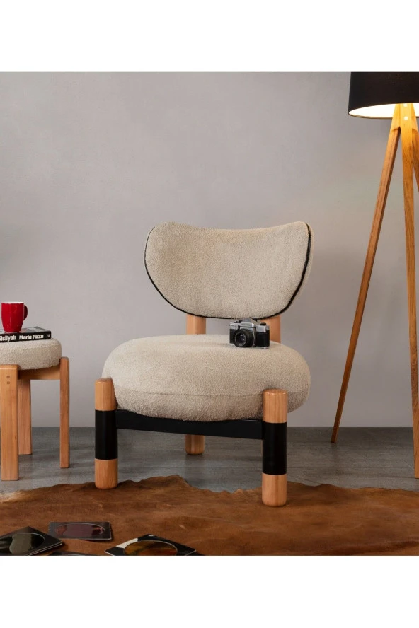 TurkishTouch Modern Berjer Krem Teddy Kumaş Bohem Ahşap Ayak Siyah Metal Gövde Tekli Koltuk Salon Genç Odası Ofis ürün görseli 1