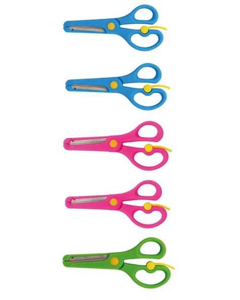 Neon Plastik Korumalı Küt Uçlu Yaylı Çocuk Okul Makası 5 li Set ürün görseli 1