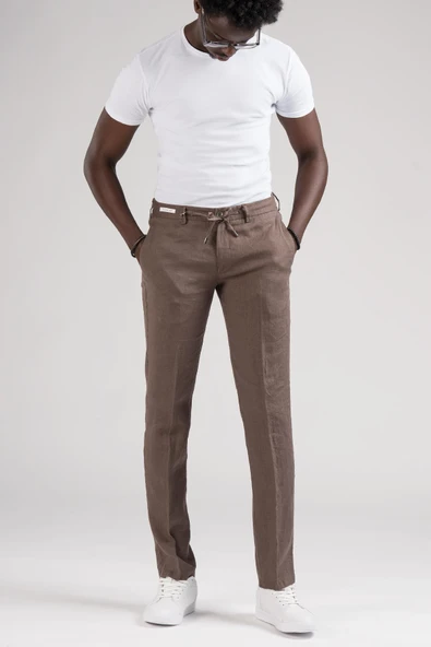 Ecer Slimfit Beli Lastikli ve İplikli %100 Linen Ham Keten Jogger Pantolon ürün görseli 1