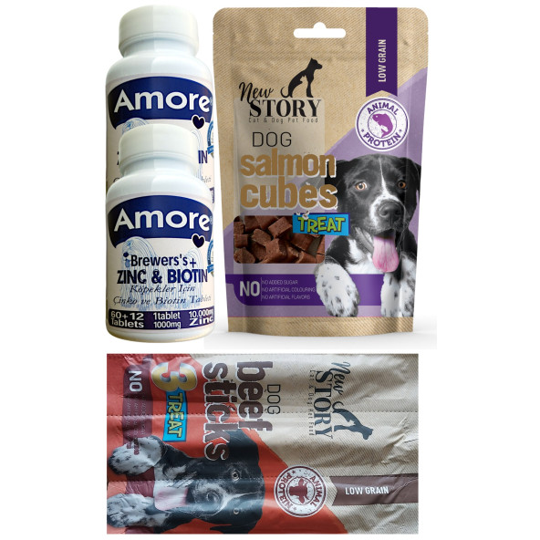 Amore Köpek Biyotin Tüy Döküm Tableti 2x72li Extra, 3lü Dog-Beef-Sticks, 80gr Salmon-Cubes Ödül Maması ürün görseli 1