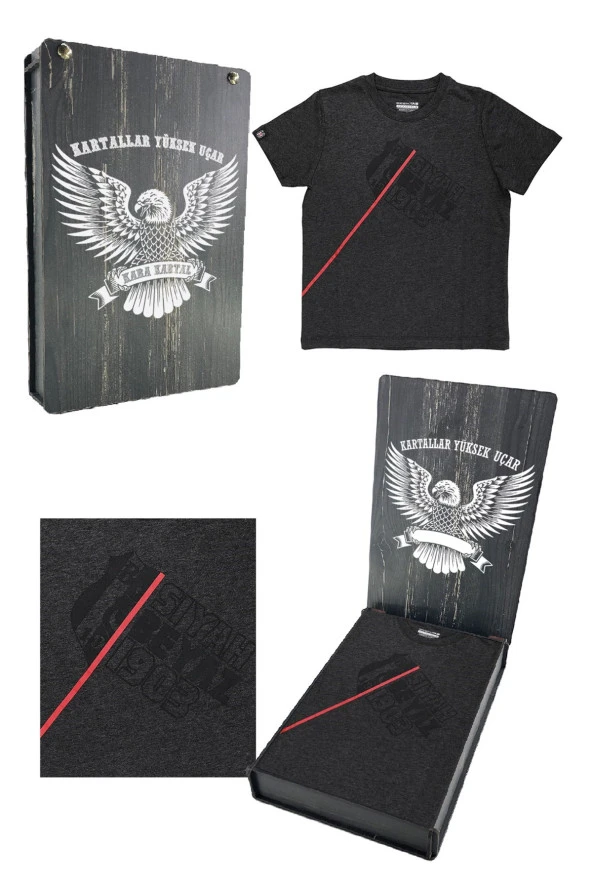 Beşiktaş Orijinal Lisanslı Antrasit Siyah Çocuk T-shirt Hediyelik Ahşap Kutulu ürün görseli 1