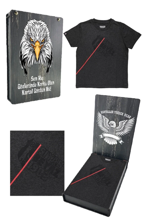 Beşiktaş Orijinal Lisanslı Antrasit Siyah Çocuk T-shirt Hediyelik Ahşap Kutulu ürün görseli 1