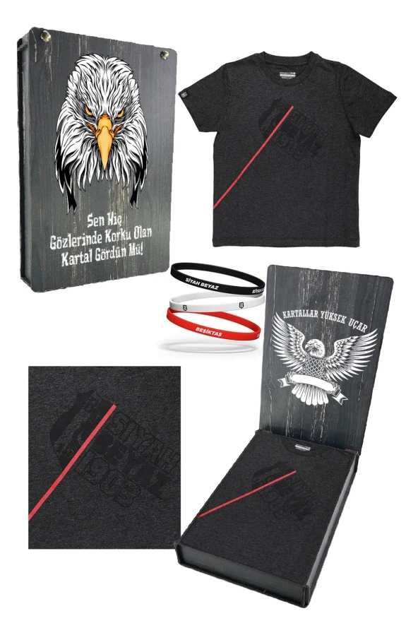 Beşiktaş Orijinal Lisanslı Antrasit Siyah Çocuk T-shirt + Bileklik Set Hediyelik Ahşap Kutulu ürün görseli 1