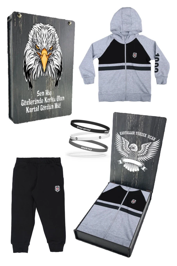 Beşiktaş Orijinal Çocuk Kapüşonlu Eşofman Takımı + Bileklik Set Hediyelik Ahşap Kutulu ürün görseli 1