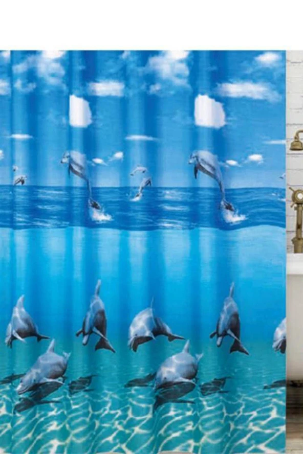 Prado Dolphin Duş Banyo Perdesi 180X200 Banyo Askısı Hediye Bp8852-180X200-H ürün görseli 1