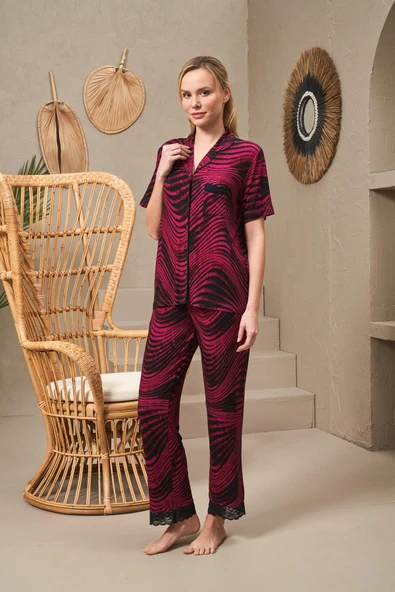 Gd Goldoremi Premium Seri Kadın Gömlek Yakalı Önden Düğmeli Rahat Desenli Kısa Kollu Pijama Takım ürün görseli 1
