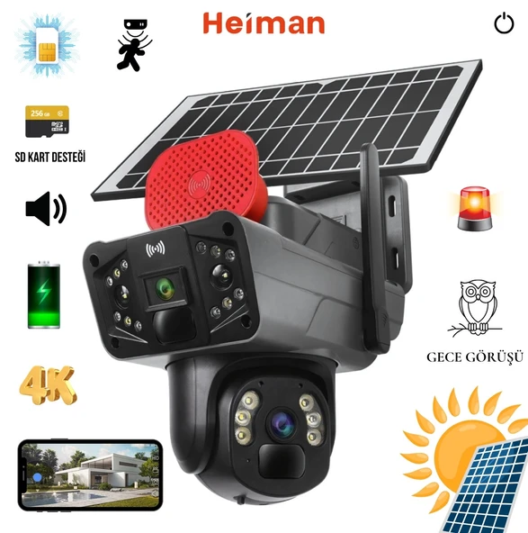 Heiman HM-854 Sim Kartlı 4G 2 Kameralı Solar Panelli Güneş Enerjili Sirenli Kamera ürün görseli 1