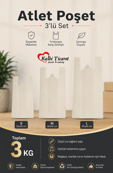 Kırık Beyaz Kalın Poşet 3'lü Set (küçük, Orta, Büyük)3 Kg Market Manav Poşeti Hışır Atlet Poşet Çöp Poşeti ürün görseli 1