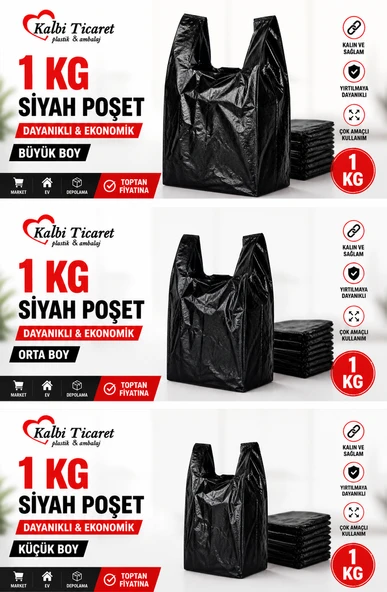 Siyah Kalın Poşet 3'lü Set (KÜÇÜK, ORTA, BÜYÜK) 3 Kg Market Manav Poşeti Hışır Atlet Poşet Çöp Poşeti ürün görseli 1