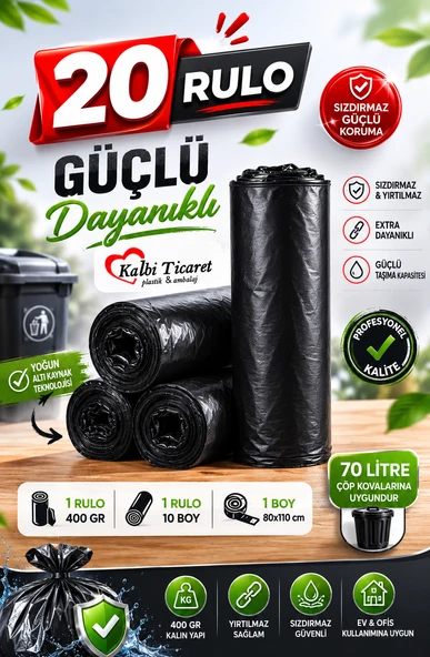 Kalın Çöp Torbası 400 gr X 20 Rulo Siyah Çöp Poşeti 80x110 Cm Jumbo Endüstriyel Çöp Torbası ürün görseli 1
