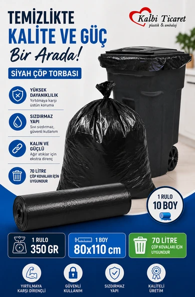 Kalın Çöp Torbası 10'lu Boy 350 gr X 1 Rulo Siyah Çöp Poşeti 80x110 Cm Jumbo Endüstriyel Çöp Torbası ürün görseli 1