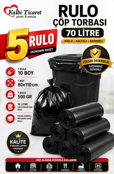 Kalın Çöp Torbası 500 gr X 5 Rulo Siyah Çöp Poşeti 80x110 Cm Jumbo Endüstriyel Çöp Torbası ürün görseli 1