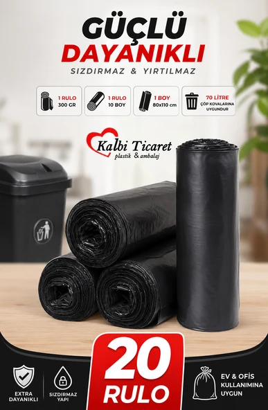 Kalın Çöp Torbası 300 gr X 20 Rulo Siyah Çöp Poşeti 80x110 Cm Jumbo Endüstriyel Çöp Torbası ürün görseli 1