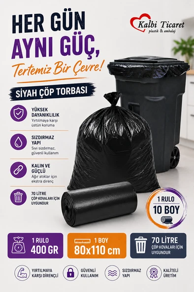 Kalın Çöp Torbası 10'lu Boy 400 gr X 1 Rulo Siyah Çöp Poşeti 80x110 Cm Jumbo Endüstriyel Çöp Torbası ürün görseli 1