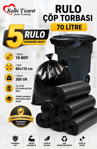Kalbi Ticaret Kalın Çöp Torbası 300 gr X 5 Rulo Siyah Çöp Poşeti 80x110 Cm Jumbo Endüstriyel Çöp Torbası ürün görseli 1