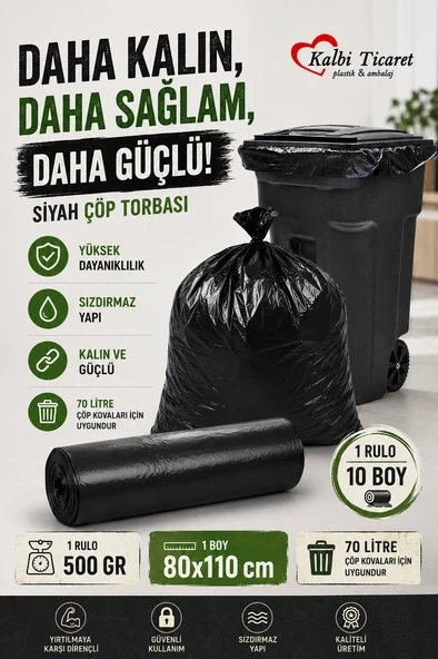 Kalın Çöp Torbası 10'lu Boy 500 gr X 1 Rulo Siyah Çöp Poşeti 80x110 Cm Jumbo Endüstriyel Çöp Torbası ürün görseli 1