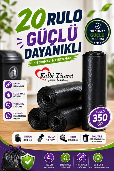 Kalın Çöp Torbası 350 gr X 20 Rulo Siyah Çöp Poşeti 80x110 Cm Jumbo Endüstriyel Çöp Torbası ürün görseli 1